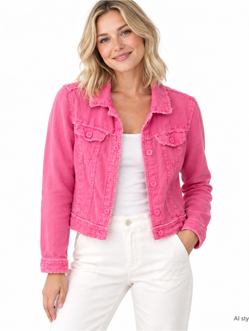 Lulu-B Hot Pink Frayed Edge Button Front Jacket Women’s Small
